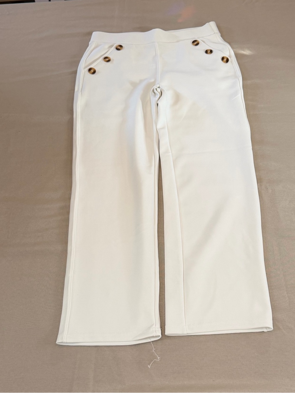 Women's White Straight Ponte Pants with Button Detail